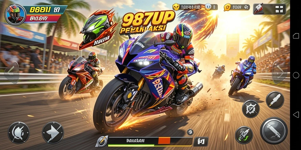 Screenshot utama dari gameplay balapan motor yang mendebarkan.