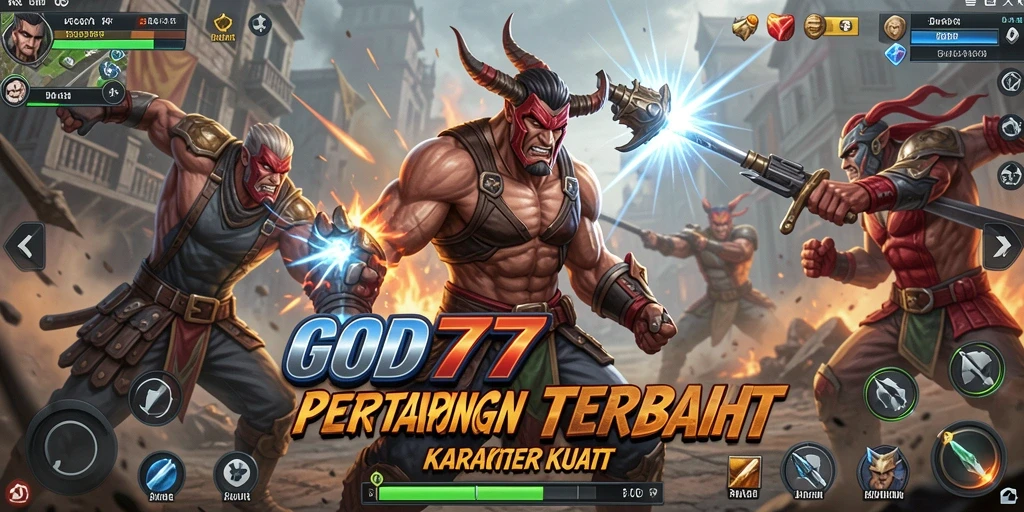Tampilan gameplay yang mendebarkan dari GOD77 dengan karakter bertarung.