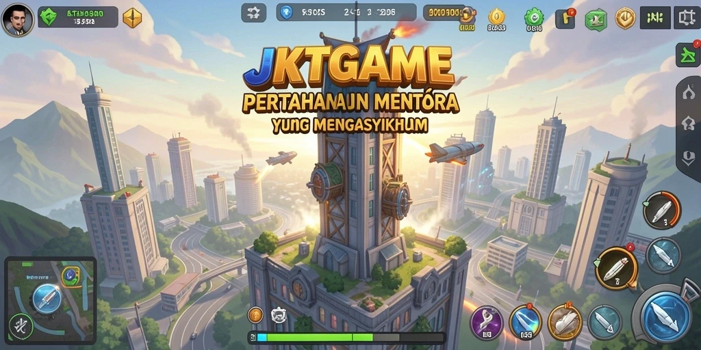 Screenshot gameplay JKTGAME yang menampilkan pertahanan menara yang intens.