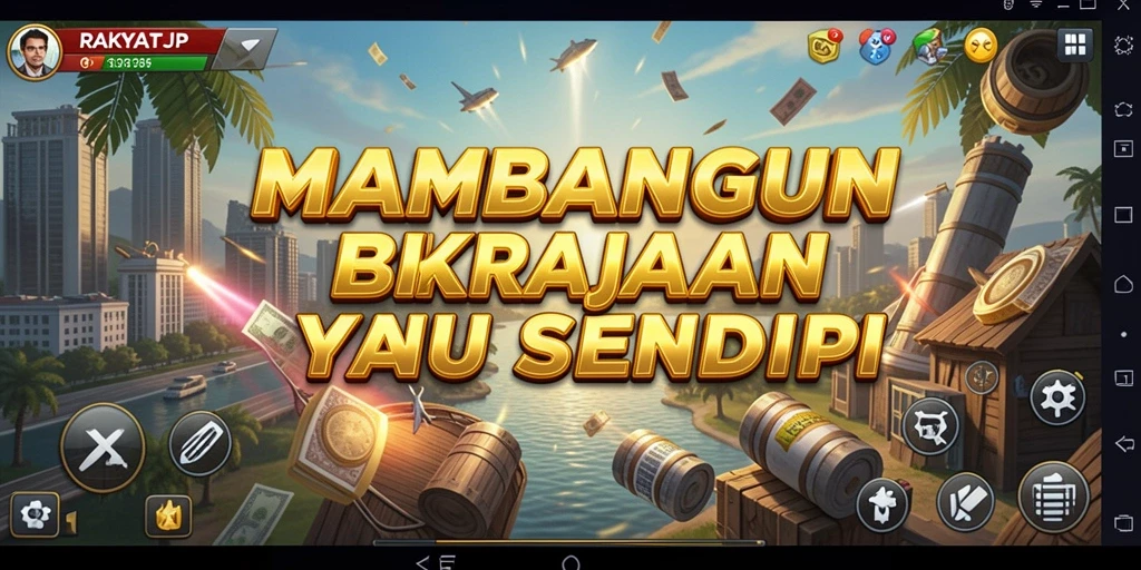 Screenshot RAKYATJP menunjukkan gameplay dinamis dalam membangun kerajaan bisnis.