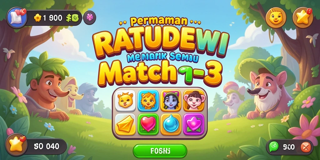 Tampilan gameplay seru dalam RATUDEWI, memadukan warna-warni permata di level Match-3.
