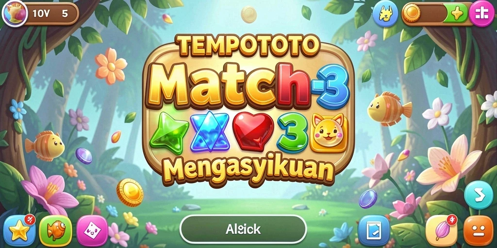 Tampilan gameplay TEMPOTOTO dengan elemen berwarna cerah dan tantangan Match-3.